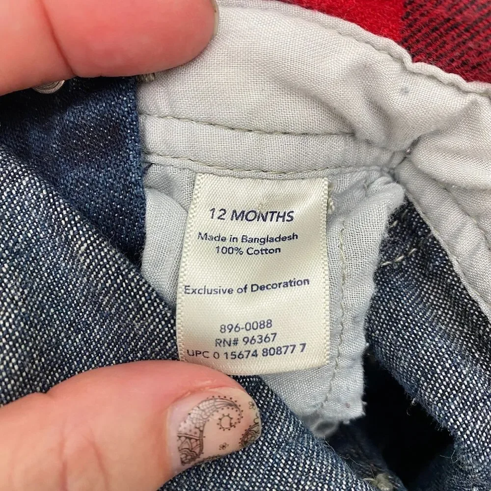 OshKosh B'Gosh Bib Overalls Baby 12 Months Patchwork Denim Moose Flannel